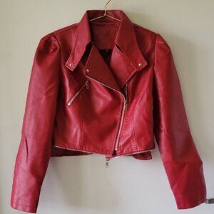 SHEIN Red Leather Moto Jacket Asymmetrical Zipper